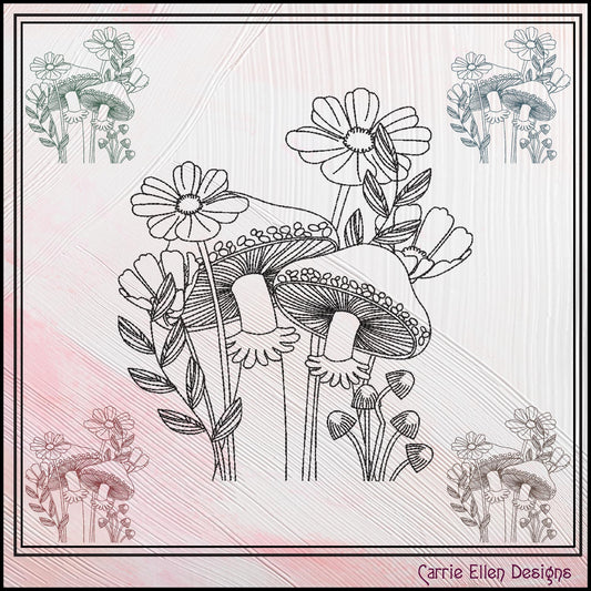 Mushroom Garden Line Art Machine Embroidery Design, Floral Mushroom Fungus Garden Sketch, 6 Sizes (3211)