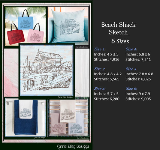 Beach Shack Sketch Machine Embroidery Design, Seaside Sand Dunes Coastal Line Art Landscape Design, 6 Sizes (3178)