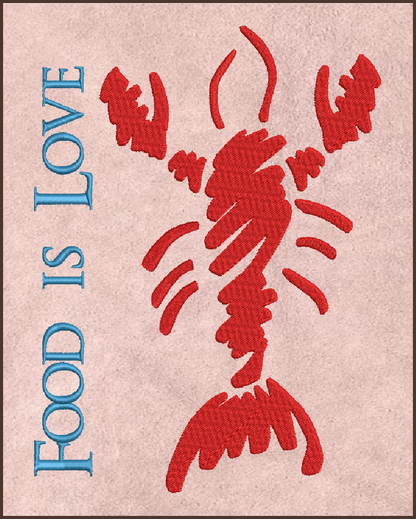Lobster Machine Embroidery Design – Red Lobster "Food is Love" Bib Design – Kitchen or Seafood Embroidery – 10 Sizes (0207)