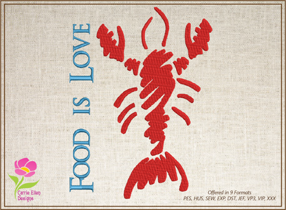 Lobster Machine Embroidery Design – Red Lobster "Food is Love" Bib Design – Kitchen or Seafood Embroidery – 10 Sizes (0207)